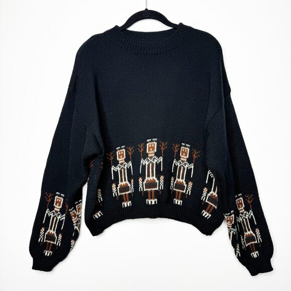 Vintage Benetton Italy Wool Blend Black Knit Southwest Aztec Graphic Sweater - Picture 5 of 7